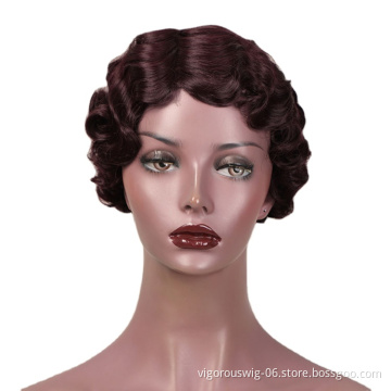 Vigorous Good Quality Finger Deep Wave Pixie Cut Red for Black Women Short Synthetic Wigs Wholesale Price